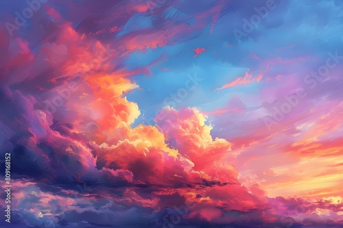  a vibrant painting of a sunset sky with clouds. The sky is predominantly blue and pink, with a mix of smaller and larger clouds. The clouds are fluffy and have a cotton candy-like quality.  © feroooz arts