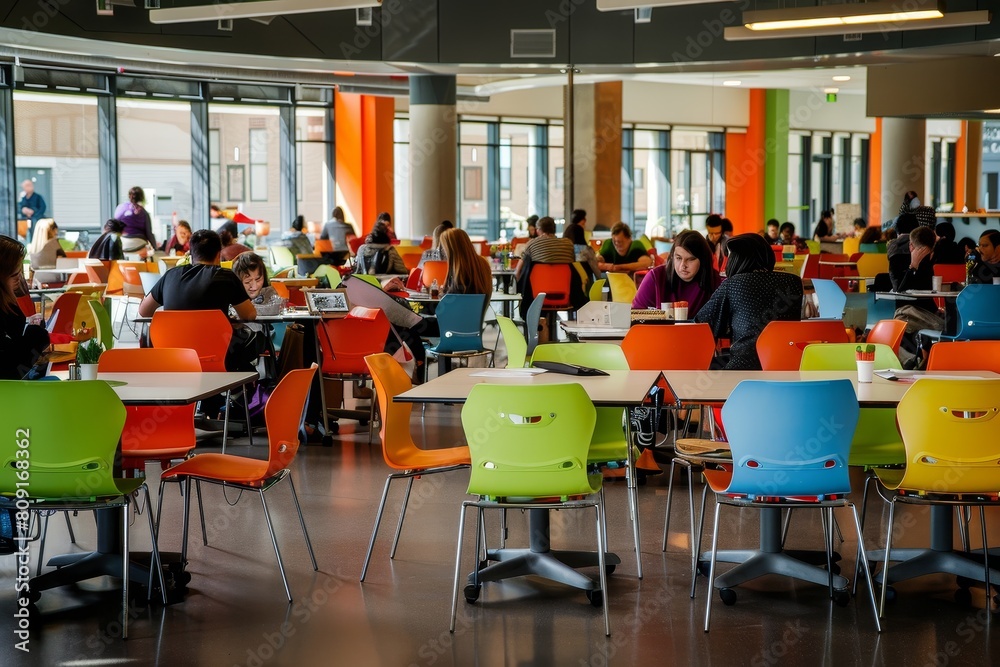 A room bustling with colorful chairs and tables in various shades, creating a vibrant atmosphere, A bustling cafeteria filled with colorful chairs and tables