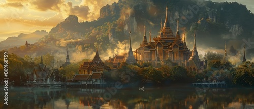 Thai art design explores the spiritual facets of Buddha s teachings through serene temple landscapes, enhanced by a sharpen landscape photo