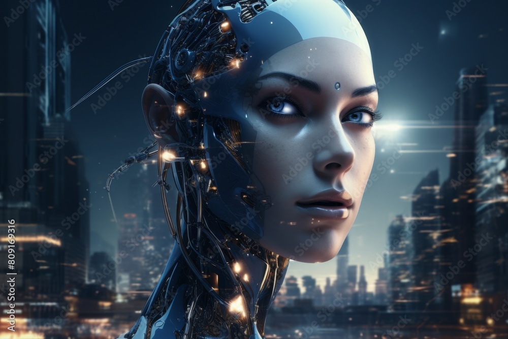 futuristic female cyborg portrait with glowing tech elements