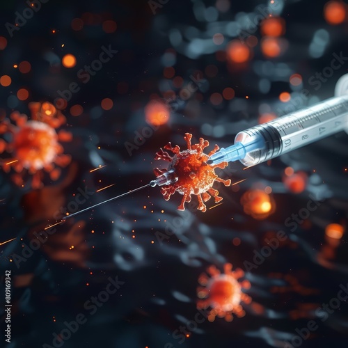 The portrayal of a dynamic 3D animation showcasing a syringe delivering a powerful virus vaccine captures the urgency of medical responses