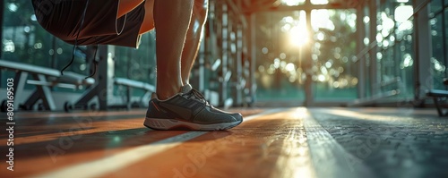 an Asian man doing a leg stretch for warmup in the gym, wearing a black T-shirts and shorts with earphones, his feet and shoes with morning sunlight, healthy lifestyle concept,