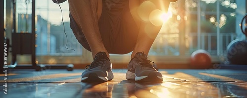 an Asian man doing a leg stretch for warmup in the gym, wearing a black T-shirts and shorts with earphones, his feet and shoes with morning sunlight, healthy lifestyle concept, photo