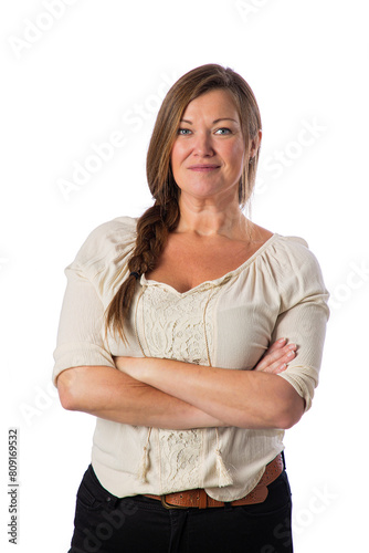 Forty something woman against white background