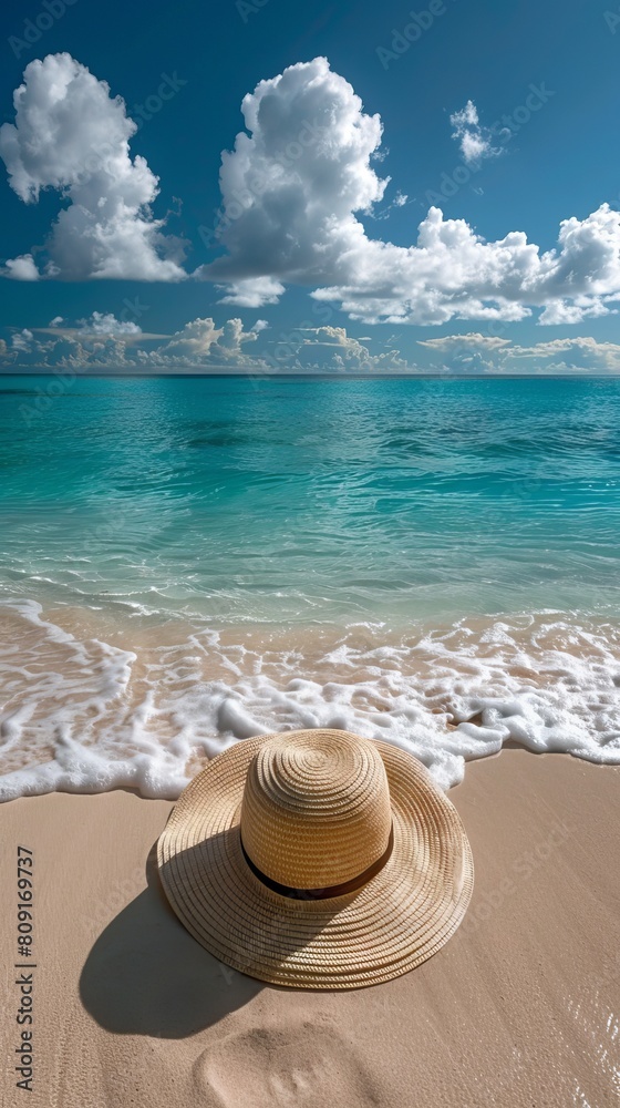 A peaceful beach scene, featuring a sun hat, sunglasses A peaceful beach scene, featuring a sun hat, sunglasses