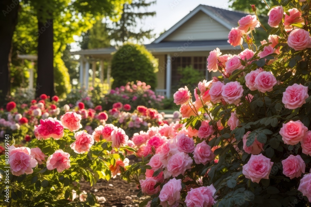 Blooming rose garden with a cozy house in the background