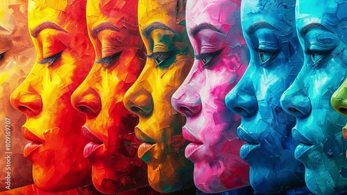 Colorful painted diverse female faces, symbolizing unity in diversity. The artwork radiates strength, beauty, and the rich tapestry of our shared humanity photo