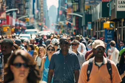 A large group of people from different backgrounds walking together down a bustling city street, A bustling city street filled with a diverse group of people