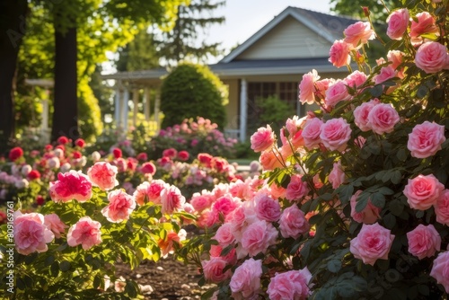 Blooming rose garden with a cozy house in the background © Balaraw