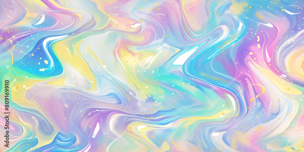 Holographic colorful liquid marble pattern background, gold glitter