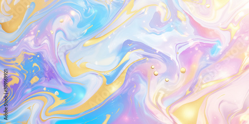 Holographic colorful liquid marble pattern background, gold glitter