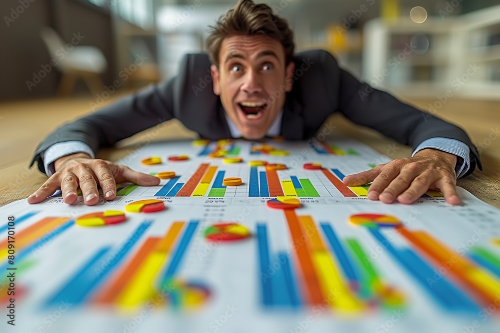 Surprised man on top of colorful graphs