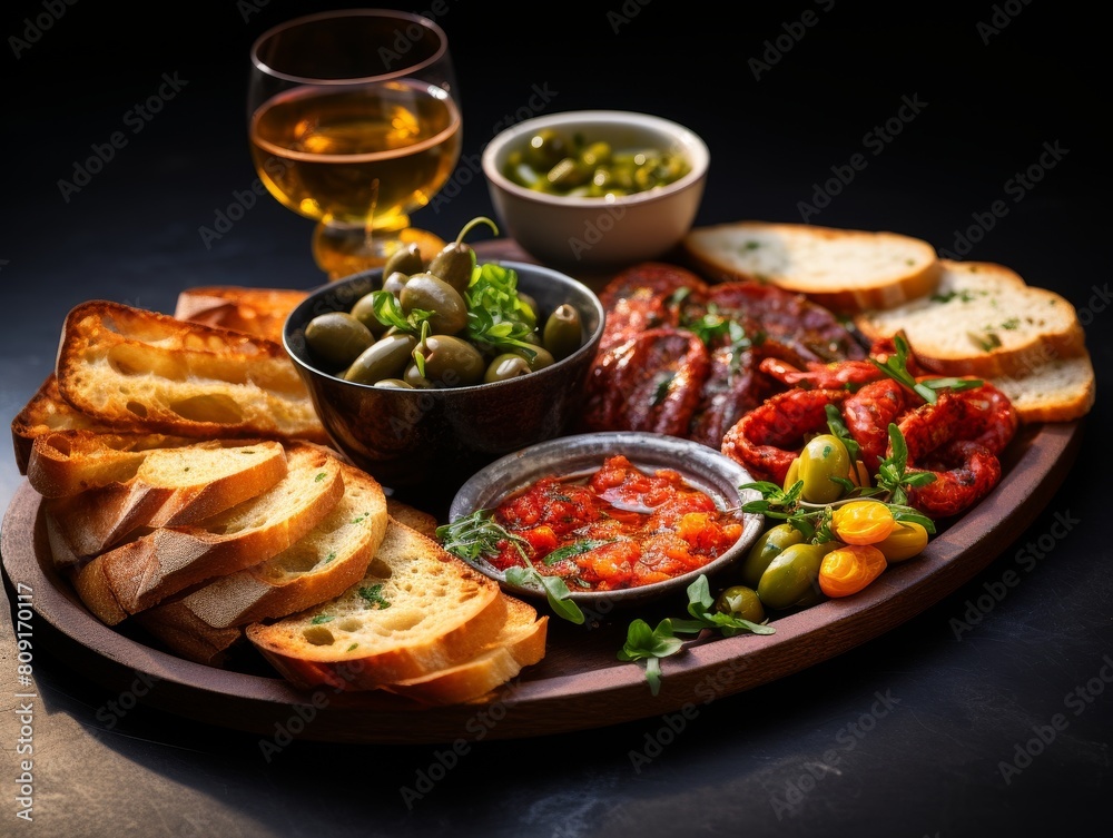 Delicious mediterranean appetizer platter with olives, bread, and dips
