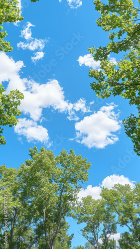 A blue sky with clouds and trees in the background