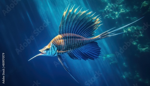 Ikan marlin besar di lautan biru, pemandangan hewan lautan yang memukau