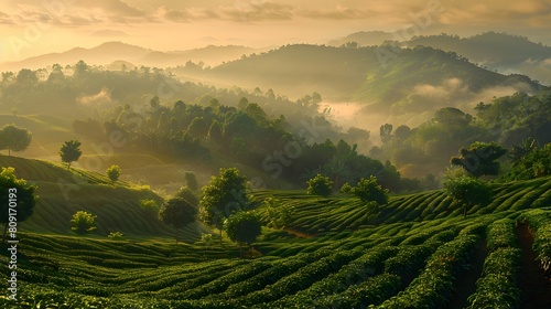 Tea Plantation in Mountain. Generative AI