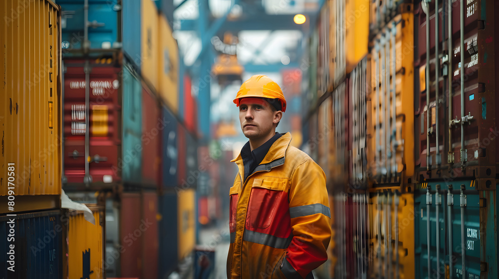 Dock Worker Overseeing Container Yard. Generative AI