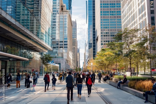 Scene of diverse individuals walking along city street with towering skyscrapers in background, A bustling financial district with skyscrapers and busy sidewalks