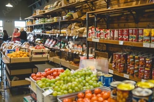 A grocery store packed with colorful and varied fresh fruits and vegetables, creating a vibrant atmosphere, A bustling food bank filled with shelves of colorful canned goods and fresh produce