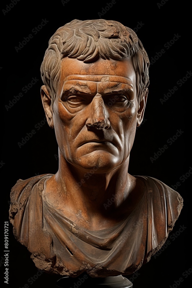 Detailed stone bust of a stern-looking man