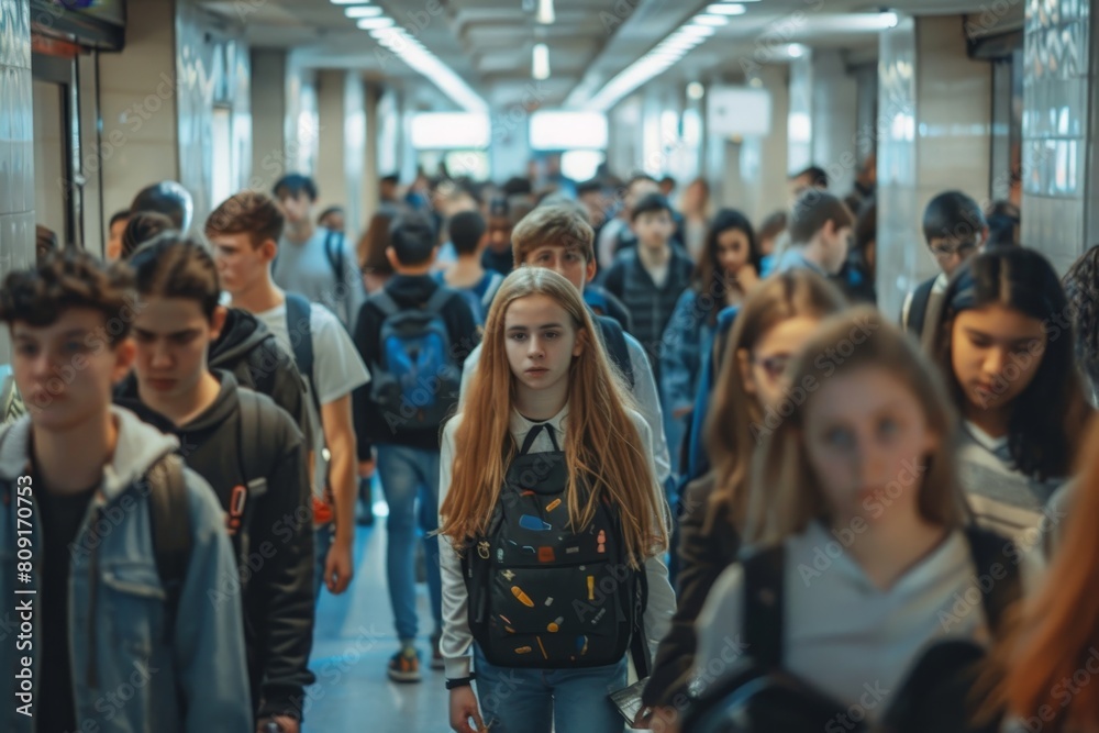 A crowd of students walking down a bustling hallway in a school or university, A bustling hallway filled with students on their way to class A crowd of students walking down a bustling hallway in a school or university, A bustling hallway filled with students on their way to class