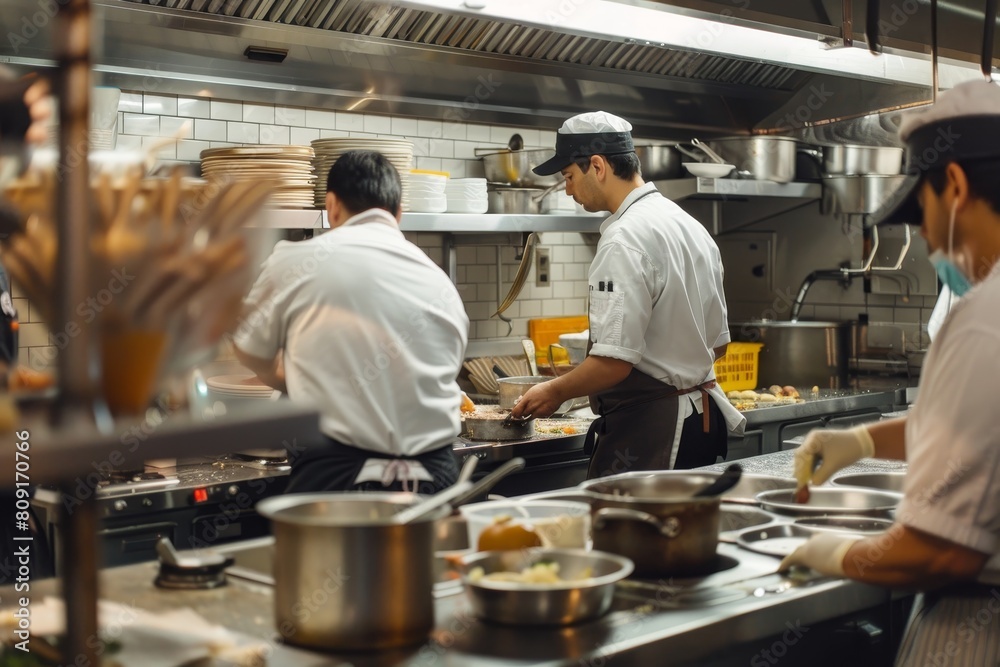 A group of men standing in a busy kitchen, engaged in food preparation activities, A bustling kitchen behind the scenes