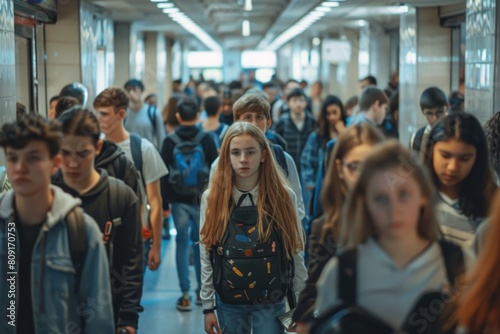 A crowd of students walking down a bustling hallway in a school or university, A bustling hallway filled with students on their way to class © Iftikhar alam