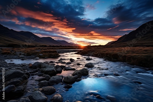 Breathtaking sunset over a mountain stream