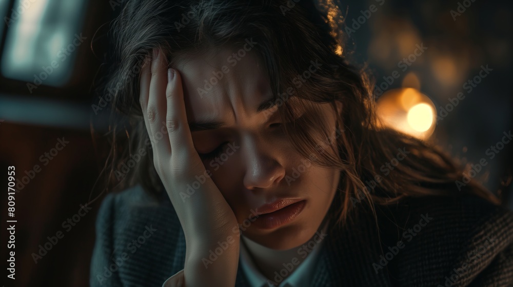 Exhausted Young Woman Feeling Overwhelmed at Her Desk Late at Night Exhausted Young Woman Feeling Overwhelmed at Her Desk Late at Night