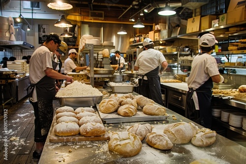 Multiple individuals busy preparing food in a crowded kitchen with flourdusted countertops, A bustling kitchen with flour-dusted countertops and busy bakers © Iftikhar alam