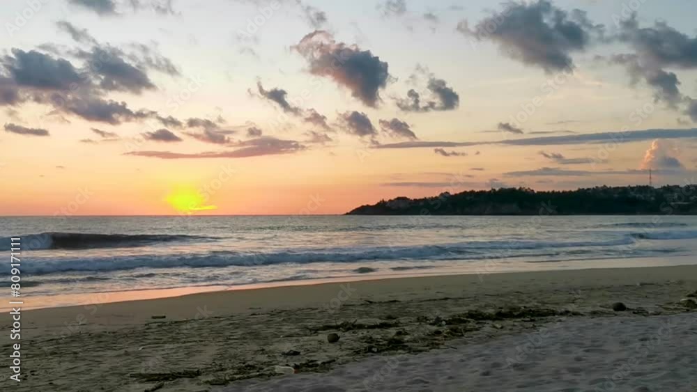 Colorful golden sunset big wave tropical beach Puerto Escondido Mexico. Colorful golden sunset big wave tropical beach Puerto Escondido Mexico.