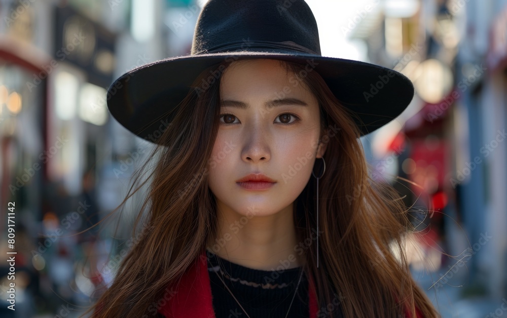 A woman with long hair is seen wearing a black hat A woman with long hair is seen wearing a black hat