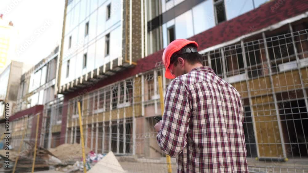 Male construction engineer walking through construction site and inspecting project, holding orange hard hat and use smart phone. Builder checking building plan on smartphone. Foreman outside at work Male construction engineer walking through construction site and inspecting project, holding orange hard hat and use smart phone. Builder checking building plan on smartphone. Foreman outside at work