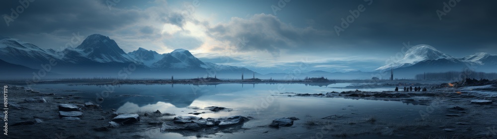 Dramatic winter landscape with snow-capped mountains and frozen lake