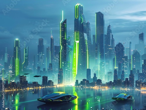 Dynamic Urban Landscape for Teens  Futuristic City with Glowing Green Nodes and Hovering Vehicles