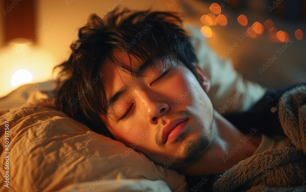A man is lying down on a bed with his eyes shut in a resting position A man is lying down on a bed with his eyes shut in a resting position