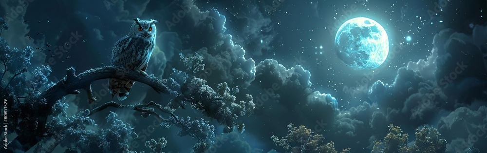 Enchanting Moonlit Night: Serene Owl Perched on Branch Under Detailed Moon Surface, Clouds Drifting, Mysterious Gaze Captured Enchanting Moonlit Night: Serene Owl Perched on Branch Under Detailed Moon Surface, Clouds Drifting, Mysterious Gaze Captured