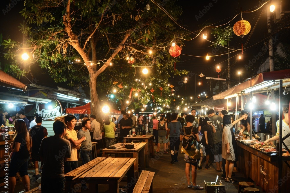 People Gathered Around Tables at Night, A bustling night market with a family sampling exotic street foods and watching traditional performances