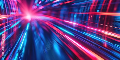 Abstract background with dynamic streaks of blue and red light, conveying a sense of speed and movement in a vibrant color palette. Resplendent.