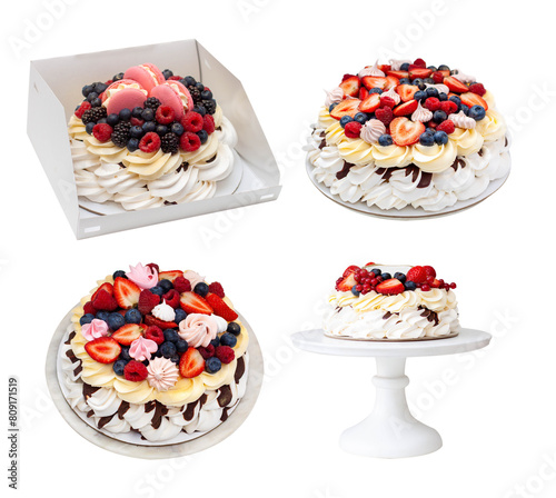 Pavlova cake with whipped cream cheese, chocolate sauce and fresh berries on grey background. Beautiful cake for the Birthday party