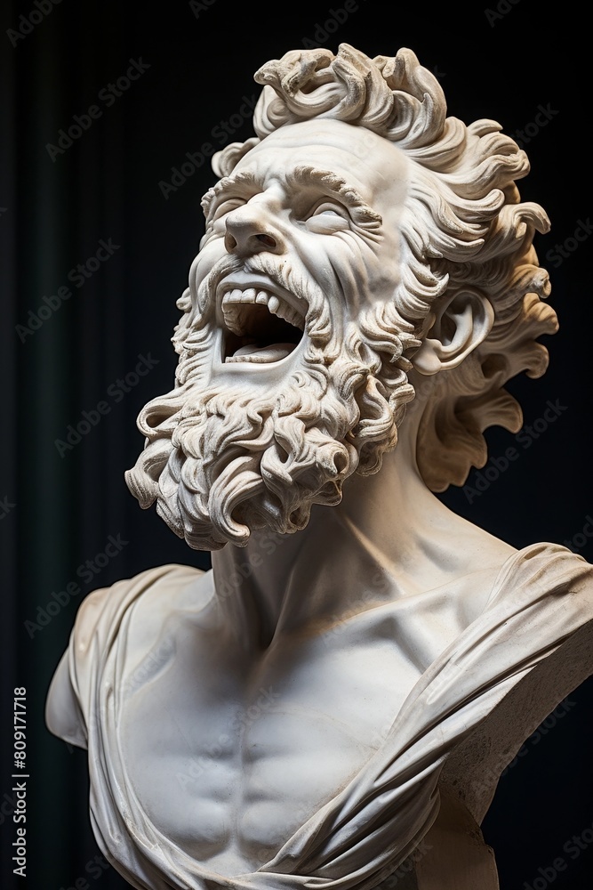 Dramatic stone sculpture of a screaming mythical figure