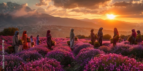 People in traditional saffron harvest at sunset