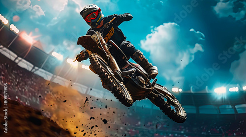 motocross racing and making a big whip in the air on a jump photo