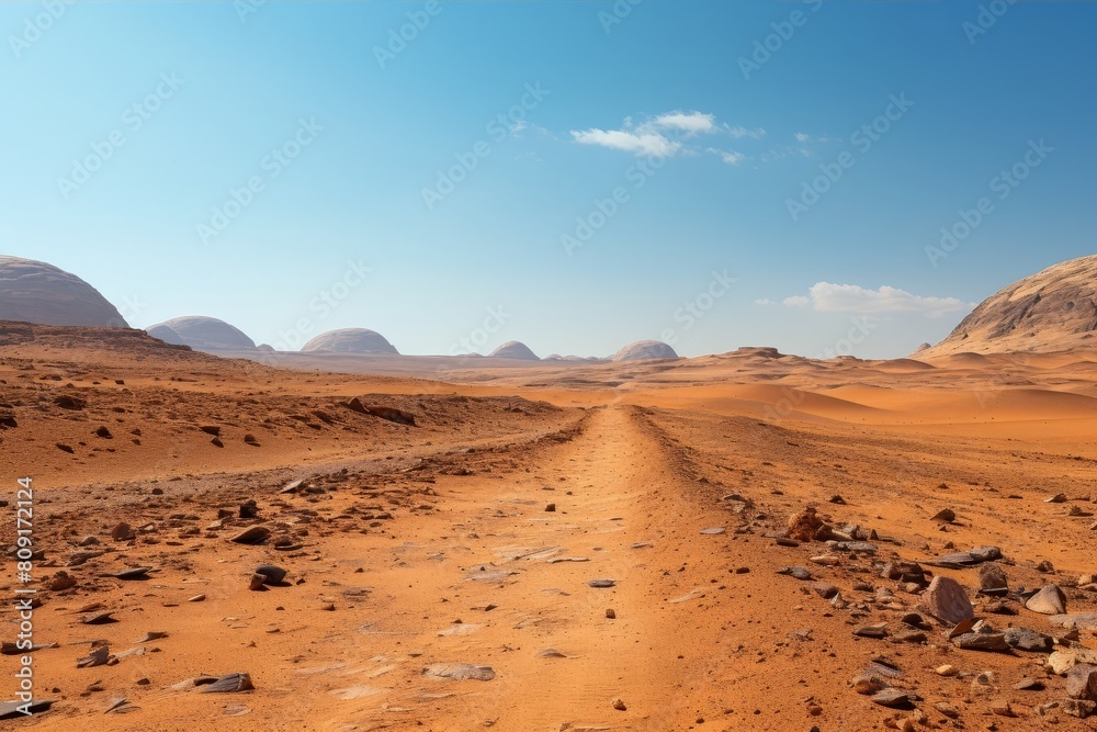 Vast desert landscape with rocky hills and a winding path