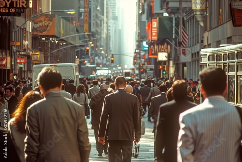 A crowd of people walking down a city street lined with tall buildings, A busy city street filled with people in business attire