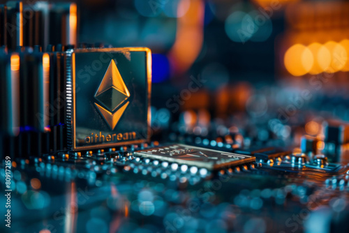 An ethereum coin sits on top of a motherboard photo