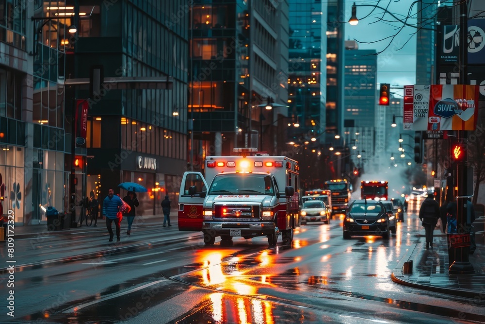 A city street filled with traffic next to tall buildings, with an ambulance parked at the curb, A busy city street with an ambulance parked