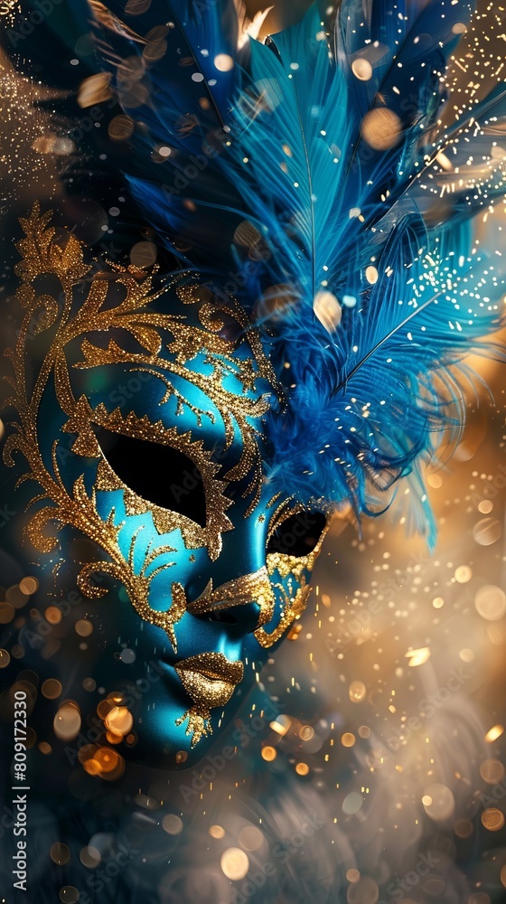Realistic luxury carnival mask with blue feathers. Abstract blurred background, gold dust, and light effects.