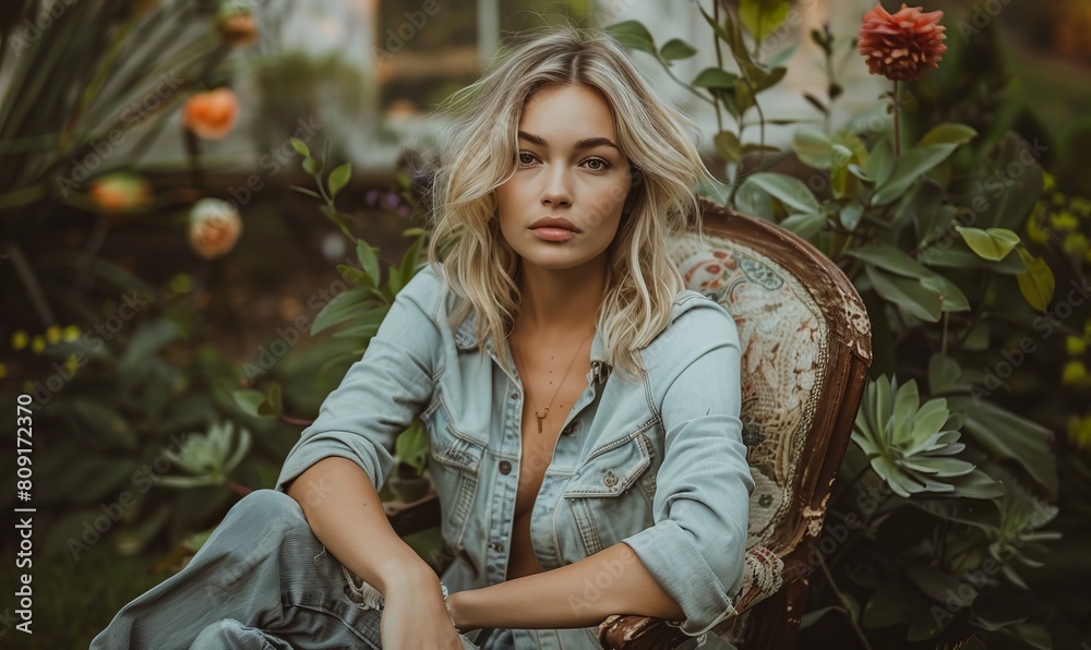 Blond woman sitting on armchair in garden Blond woman sitting on armchair in garden