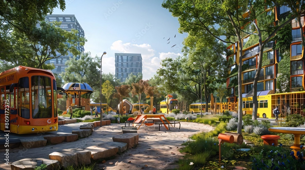 Obraz premium Vibrant Eco-City School Zone with Solar-Powered Buses and Renewable Energy Playground for Playful Learning Adventures